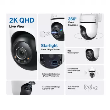 TP-Link Tapo Outdoor Pan/Tilt Security Wi-Fi Camera, IP security camera, Indoor & outdoor, Wireless, CE, FCC, RoHS, RCM, Ceiling, Black, White