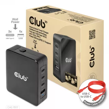 CLUB3D International Travel Charger 140W GaN technology, Four port USB Type-A(1x) and -C(3x), PPS + Power Delivery(PD) 3.1 Support