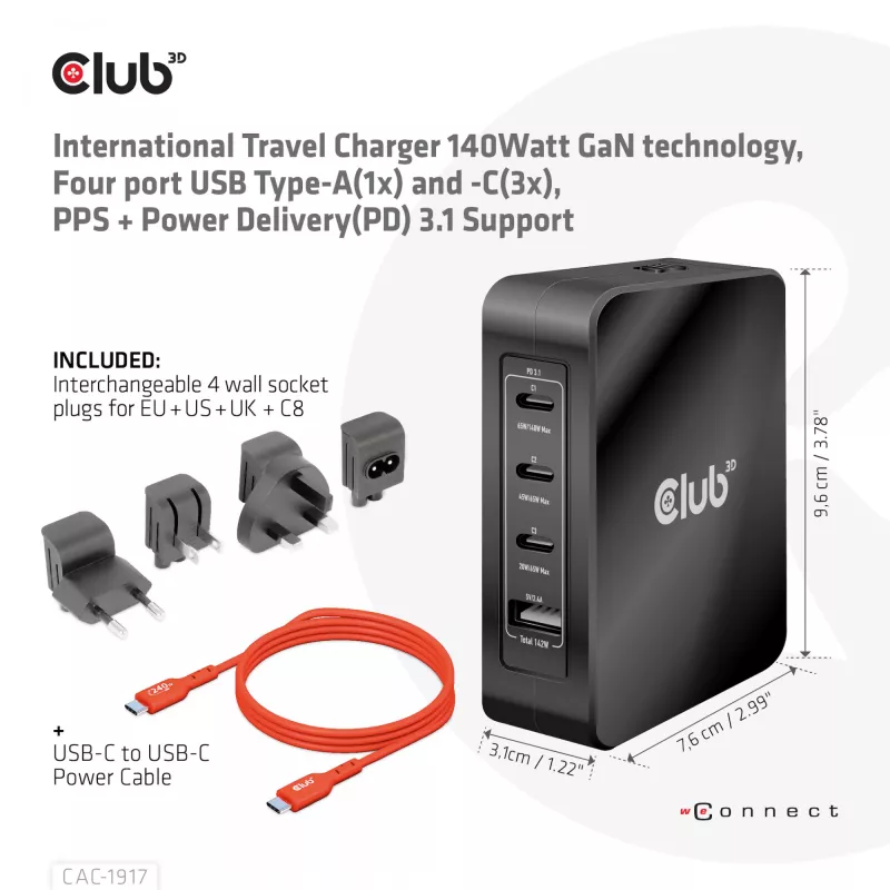 CLUB3D International Travel Charger 140W GaN technology, Four port USB Type-A(1x) and -C(3x), PPS + Power Delivery(PD) 3.1 Support