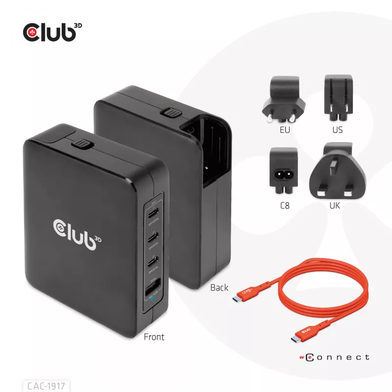 CLUB3D International Travel Charger 140W GaN technology, Four port USB Type-A(1x) and -C(3x), PPS + Power Delivery(PD) 3.1 Support