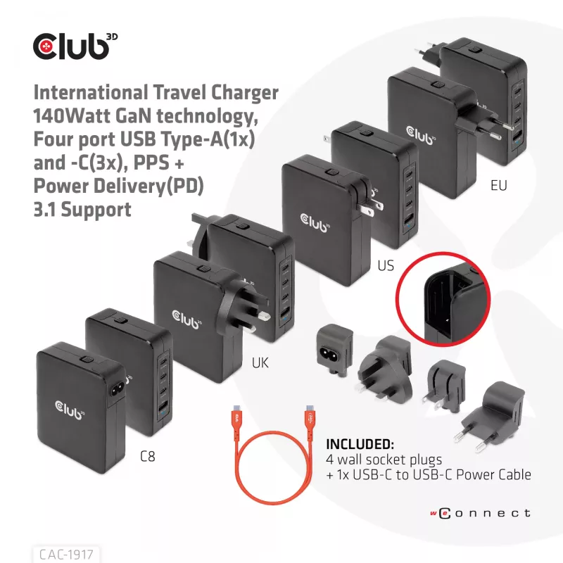 CLUB3D International Travel Charger 140W GaN technology, Four port USB Type-A(1x) and -C(3x), PPS + Power Delivery(PD) 3.1 Support