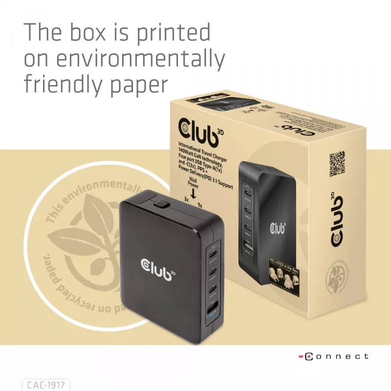 CLUB3D International Travel Charger 140W GaN technology, Four port USB Type-A(1x) and -C(3x), PPS + Power Delivery(PD) 3.1 Support