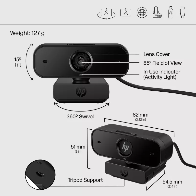 HP 430 FHD Webcam, 2 MP, 1920 x 1080 pixels, Full HD, 60 fps, 85°, Home