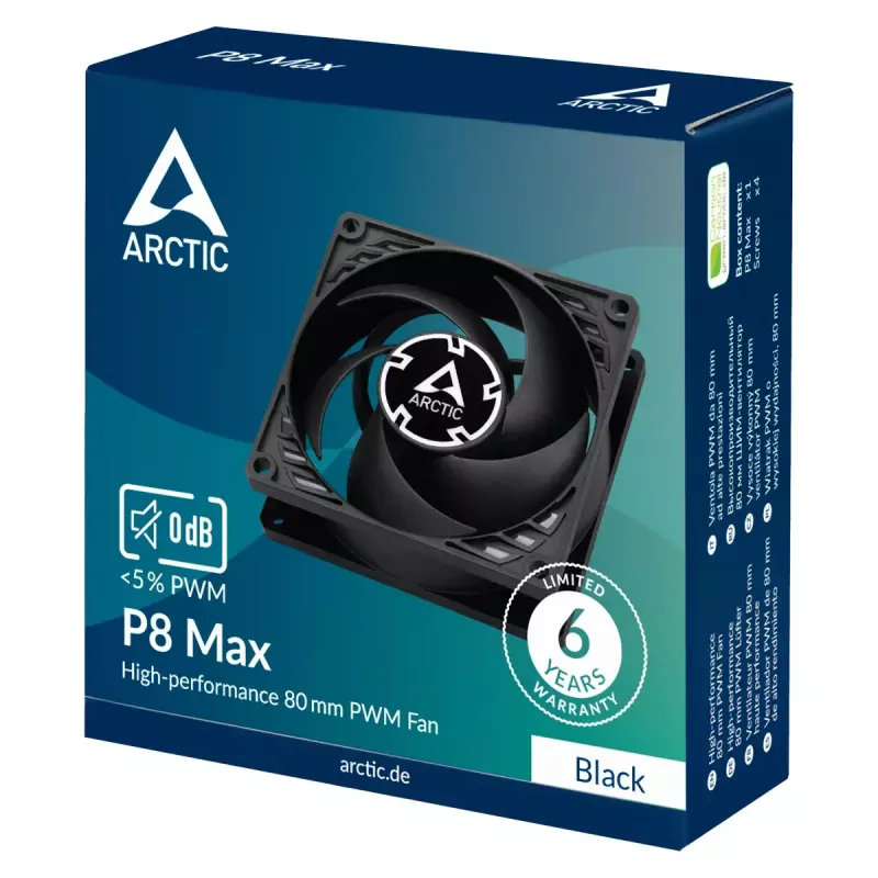 80 mm fan Arctic P8 Max High-Performance PWM, 80 mm diameter, black, 67.96 m³/h airflow, 0.6 sone