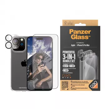 PanzerGlass ® 3-in-1 Bundle iPhone 15 Pro Max, Apple, Apple - iPhone 15 Pro Max, Dry application, Shock resistant, Transparent, 1 pc(s)