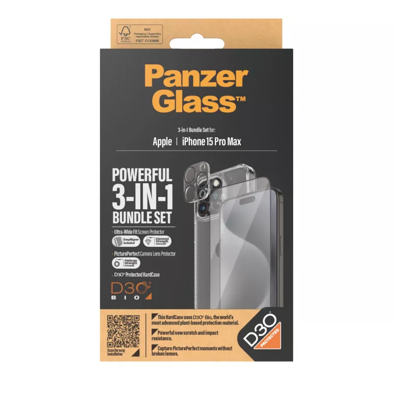 PanzerGlass ® 3-in-1 Bundle iPhone 15 Pro Max, Apple, Apple - iPhone 15 Pro Max, Dry application, Shock resistant, Transparent, 1 pc(s)