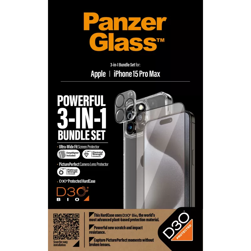 PanzerGlass ® 3-in-1 Bundle iPhone 15 Pro Max, Apple, Apple - iPhone 15 Pro Max, Dry application, Shock resistant, Transparent, 1 pc(s)