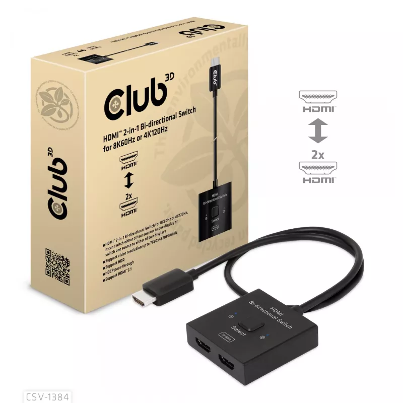 CLUB3D HDMI 2-in-1 Bi-directional Switch 8K60Hz 4K120Hz CSV-1384