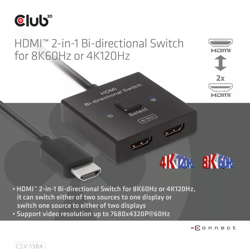 CLUB3D HDMI 2-in-1 Bi-directional Switch 8K60Hz 4K120Hz CSV-1384