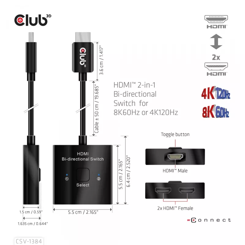 CLUB3D HDMI 2-in-1 Bi-directional Switch 8K60Hz 4K120Hz CSV-1384