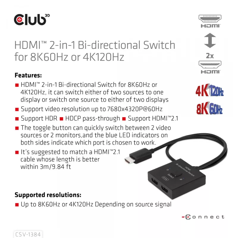 CLUB3D HDMI 2-in-1 Bi-directional Switch 8K60Hz 4K120Hz CSV-1384