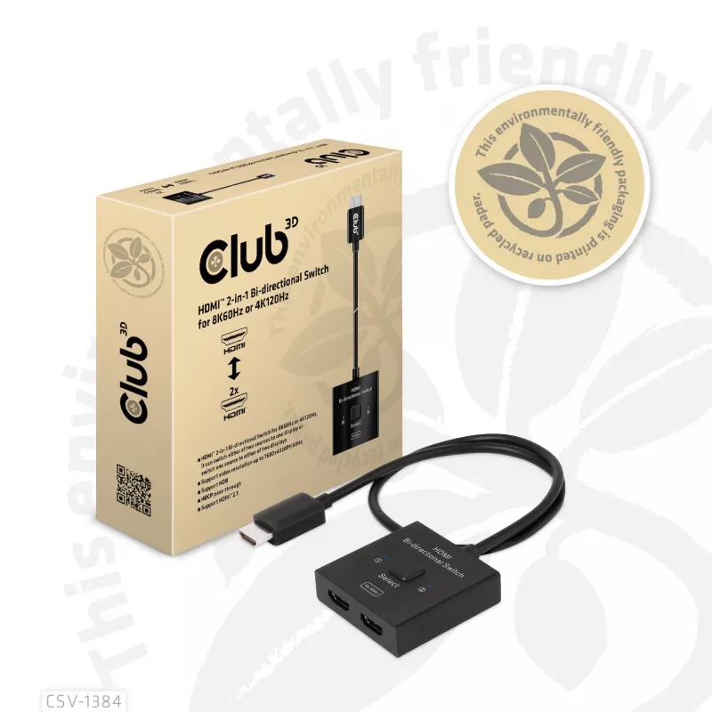 CLUB3D HDMI 2-in-1 Bi-directional Switch 8K60Hz 4K120Hz CSV-1384
