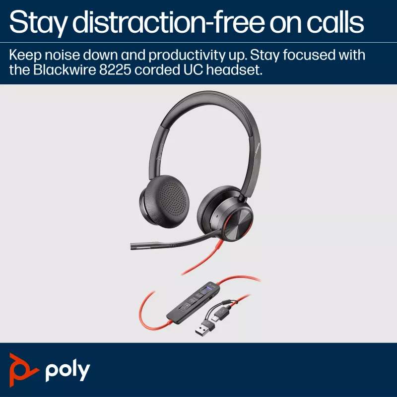 HP Poly Blackwire 8225 Stereo Microsoft Teams Certified USB-C Headset +USB-C/A Adapter
