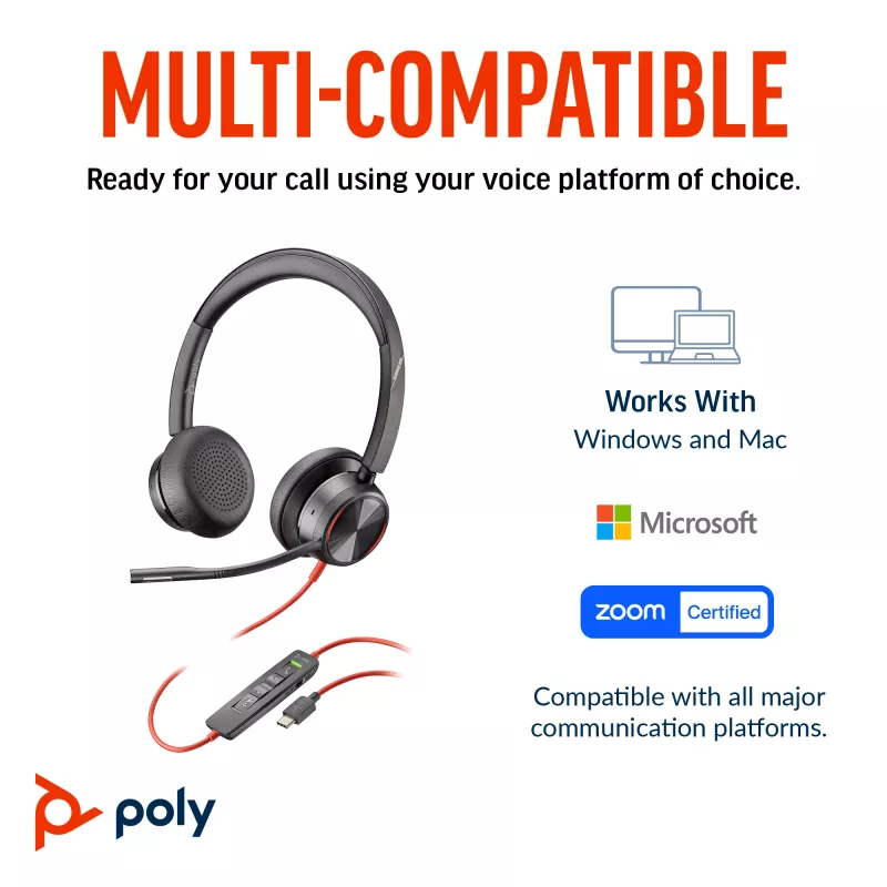 HP Poly Blackwire 8225 Stereo Microsoft Teams Certified USB-C Headset +USB-C/A Adapter
