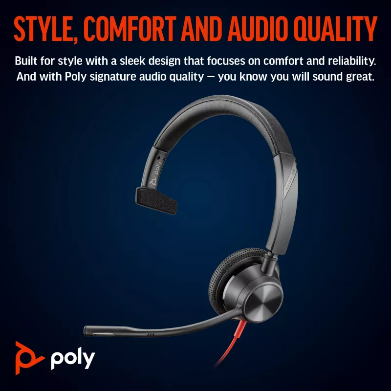 HP Poly Blackwire 3315 Monaural USB-C Headset +3.5mm Plug +USB-C/A Adapter