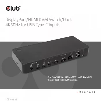 CLUB3D DisplayPort/HDMI KVM Switch/Dock 4K60Hz For USB Type-C inputs