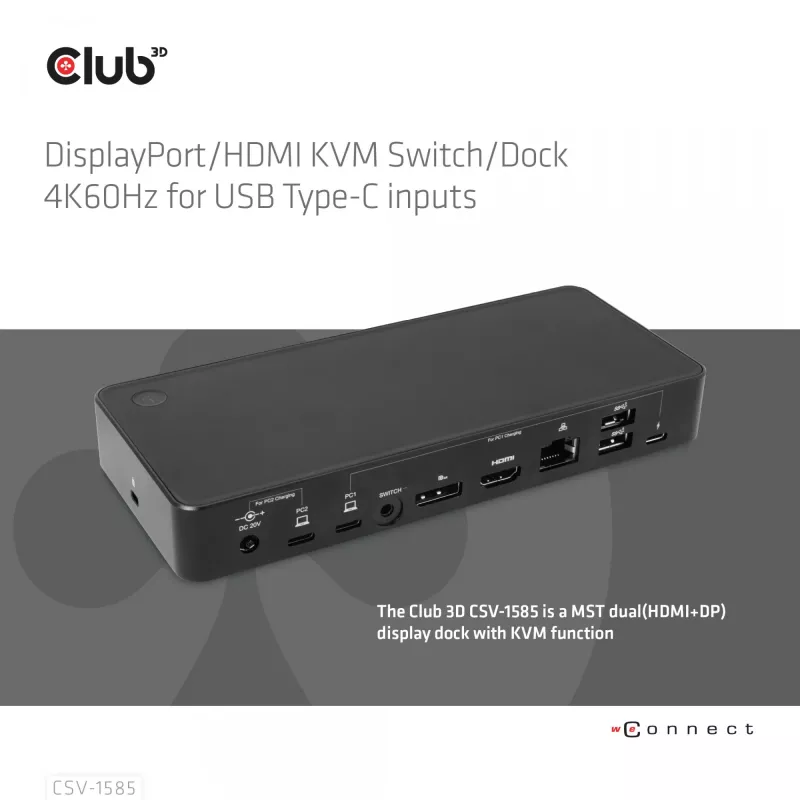 CLUB3D DisplayPort/HDMI KVM Switch/Dock 4K60Hz For USB Type-C inputs