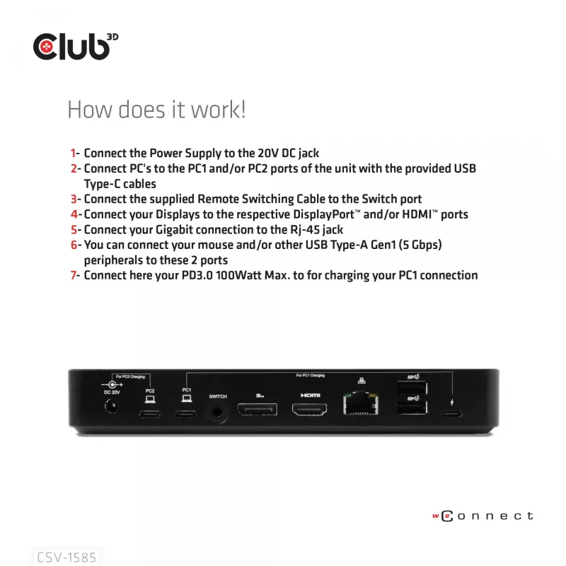 CLUB3D DisplayPort/HDMI KVM Switch/Dock 4K60Hz For USB Type-C inputs