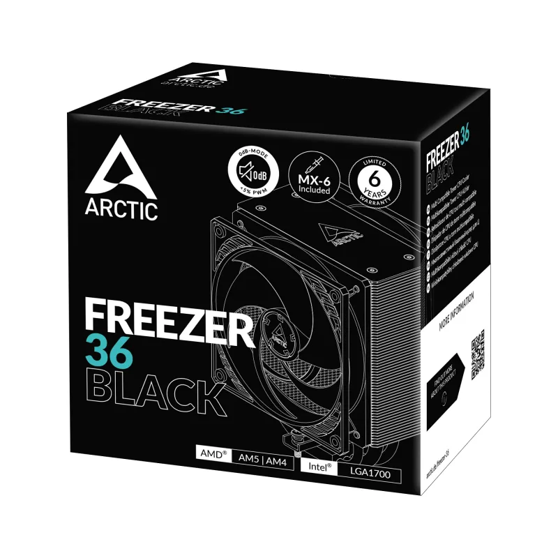 ARCTIC Freezer 36 (Black) Multi Compatible Tower CPU Cooler, Air cooler, 12 cm, 200 RPM, 1800 RPM, Black