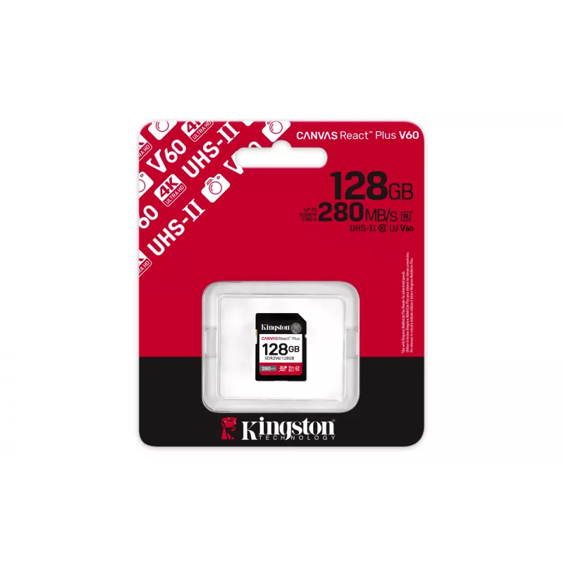 Kingston Technology 128GB Canvas React Plus SDXC UHS-II 280R/100W U3 V60 for Full HD/4K