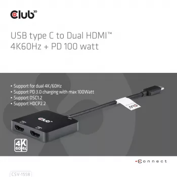 CLUB3D USB-C® Hub to Dual HDMI™ 4K60Hz M/F+PD3.0 100 Watt