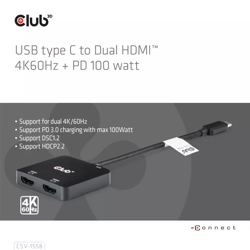 CLUB3D USB-C® Hub to Dual HDMI™ 4K60Hz M/F+PD3.0 100 Watt