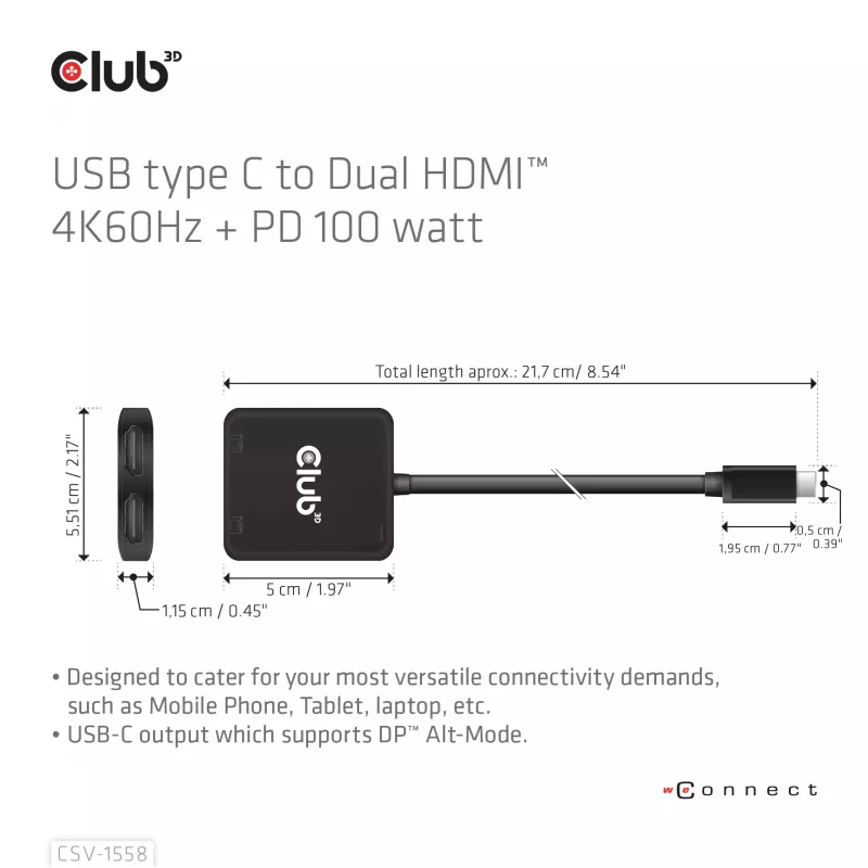 CLUB3D USB-C® Hub to Dual HDMI™ 4K60Hz M/F+PD3.0 100 Watt