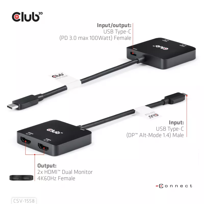 CLUB3D USB-C® Hub to Dual HDMI™ 4K60Hz M/F+PD3.0 100 Watt