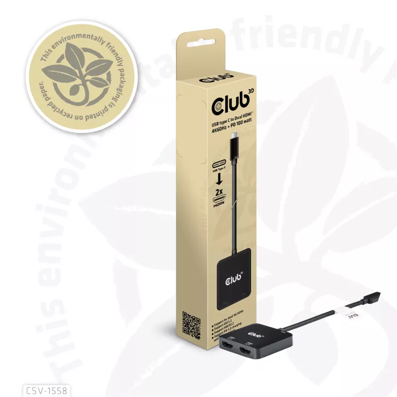 CLUB3D USB-C® Hub to Dual HDMI™ 4K60Hz M/F+PD3.0 100 Watt