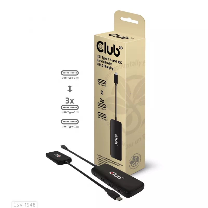 CLUB3D USB Type-C 4-port 10G Data hub with PD3.0 Charging, Wired, USB 3.2 Gen 1 (3.1 Gen 1) Type-C, 100 W, Black, 10 Gbit/s, USB