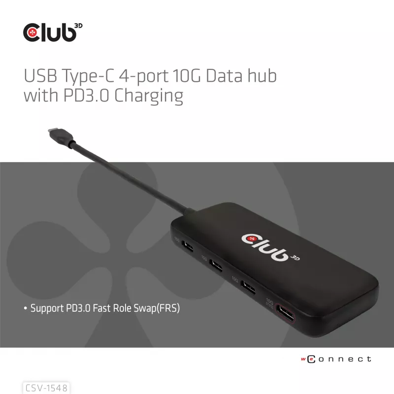 CLUB3D USB Type-C 4-port 10G Data hub with PD3.0 Charging, Wired, USB 3.2 Gen 1 (3.1 Gen 1) Type-C, 100 W, Black, 10 Gbit/s, USB