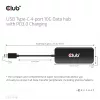 CLUB3D USB Type-C 4-port 10G Data hub with PD3.0 Charging, Wired, USB 3.2 Gen 1 (3.1 Gen 1) Type-C, 100 W, Black, 10 Gbit/s, USB