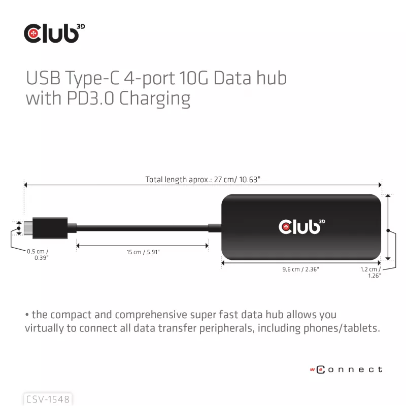 CLUB3D USB Type-C 4-port 10G Data hub with PD3.0 Charging, Wired, USB 3.2 Gen 1 (3.1 Gen 1) Type-C, 100 W, Black, 10 Gbit/s, USB