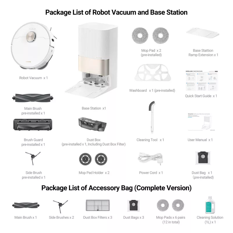Dreame X40 Ultra Complete, Bagless, White, Round, Dust bag, 2 wheel(s), 0.3 L