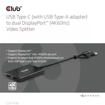 Video splitter Club 3D CSV-1478 USB Type-C (with USB-A adapter) to dual DisplayPort 4K60Hz, Black