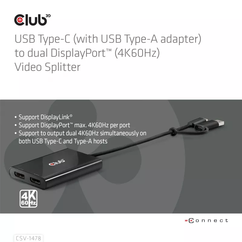 Video splitter Club 3D CSV-1478 USB Type-C (with USB-A adapter) to dual DisplayPort 4K60Hz, Black