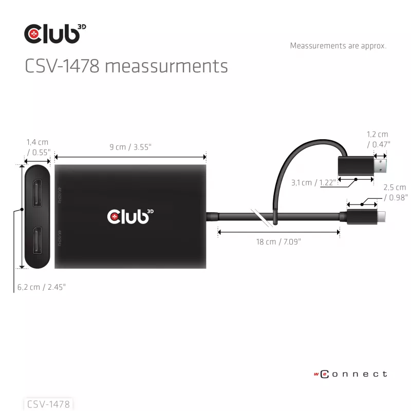 Video splitter Club 3D CSV-1478 USB Type-C (with USB-A adapter) to dual DisplayPort 4K60Hz, Black