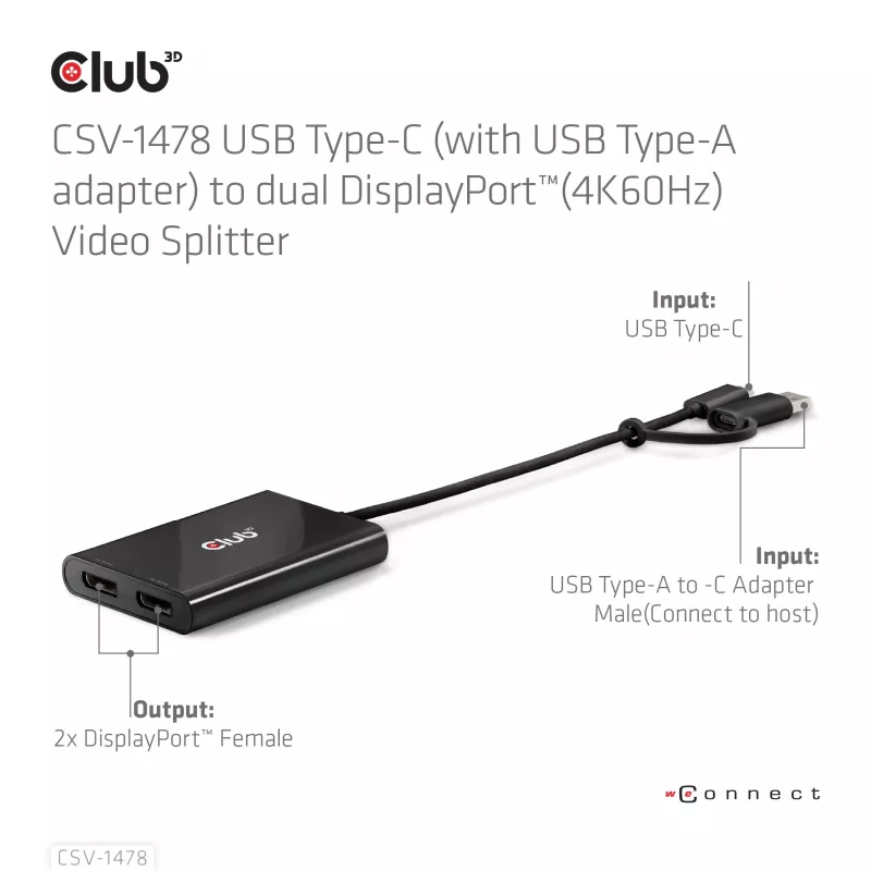 Video splitter Club 3D CSV-1478 USB Type-C (with USB-A adapter) to dual DisplayPort 4K60Hz, Black