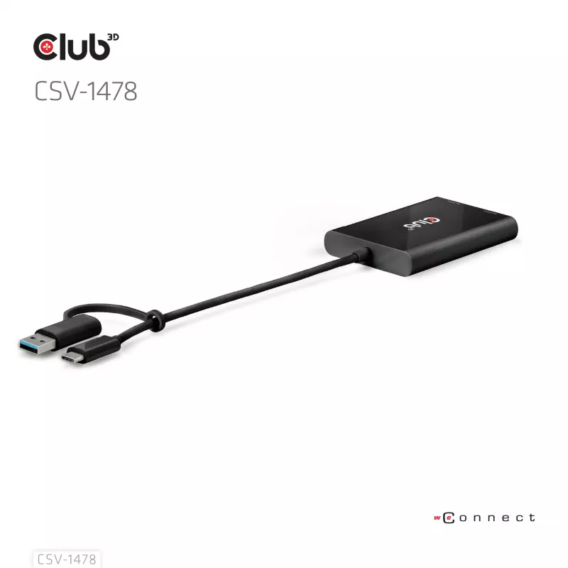 Video splitter Club 3D CSV-1478 USB Type-C (with USB-A adapter) to dual DisplayPort 4K60Hz, Black