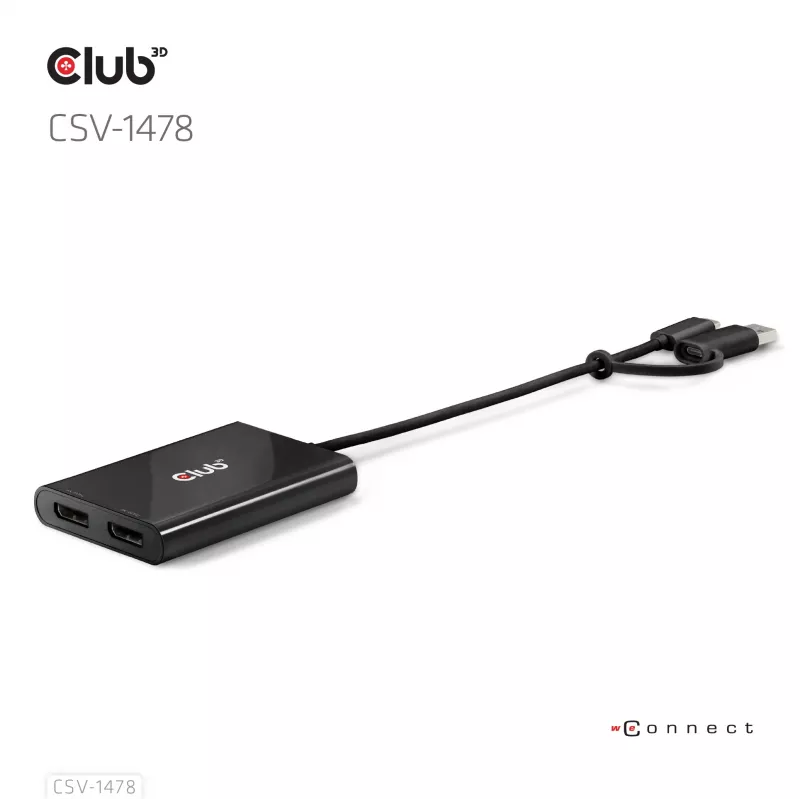 Video splitter Club 3D CSV-1478 USB Type-C (with USB-A adapter) to dual DisplayPort 4K60Hz, Black