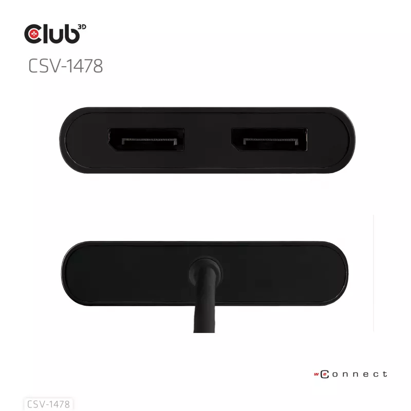 Video splitter Club 3D CSV-1478 USB Type-C (with USB-A adapter) to dual DisplayPort 4K60Hz, Black