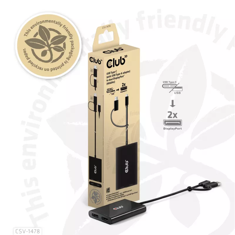 Video splitter Club 3D CSV-1478 USB Type-C (with USB-A adapter) to dual DisplayPort 4K60Hz, Black