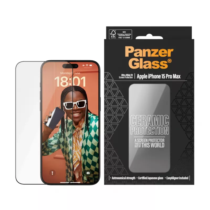 PanzerGlass ® Ceramic Protection for iPhone 15 Pro Max | Ultra-Wide Fit w. EasyAligner