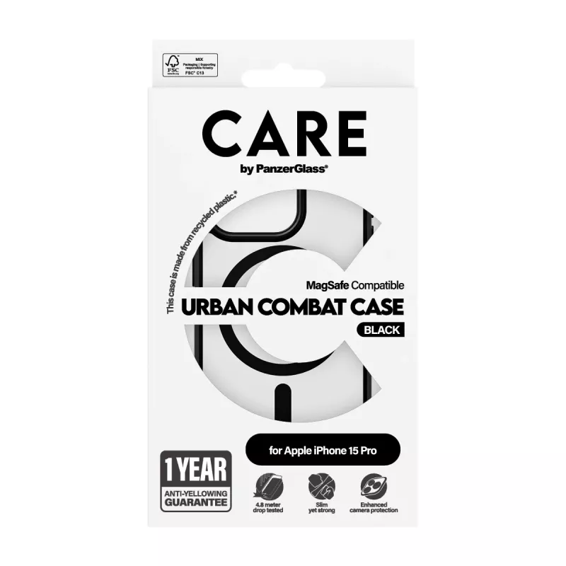 PanzerGlass CARE™ by ® Urban Combat Case Transparent w. Black MagSafe iPhone 15 Pro