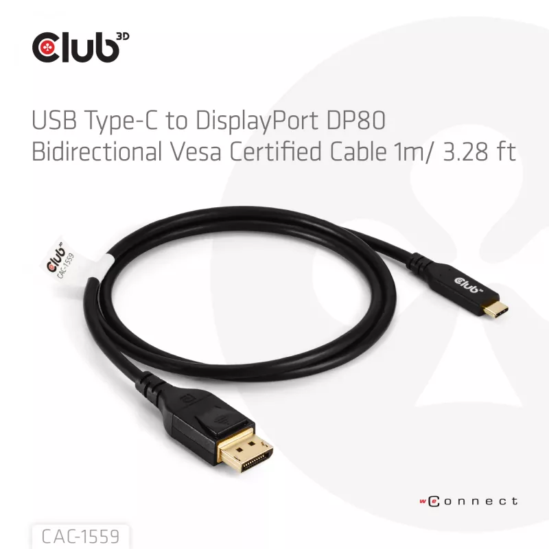 USB Type-C to DisplayPort 2.1 cable, club 3d CAC-1559, bi-directional, VESA DP80 certified, 1 m