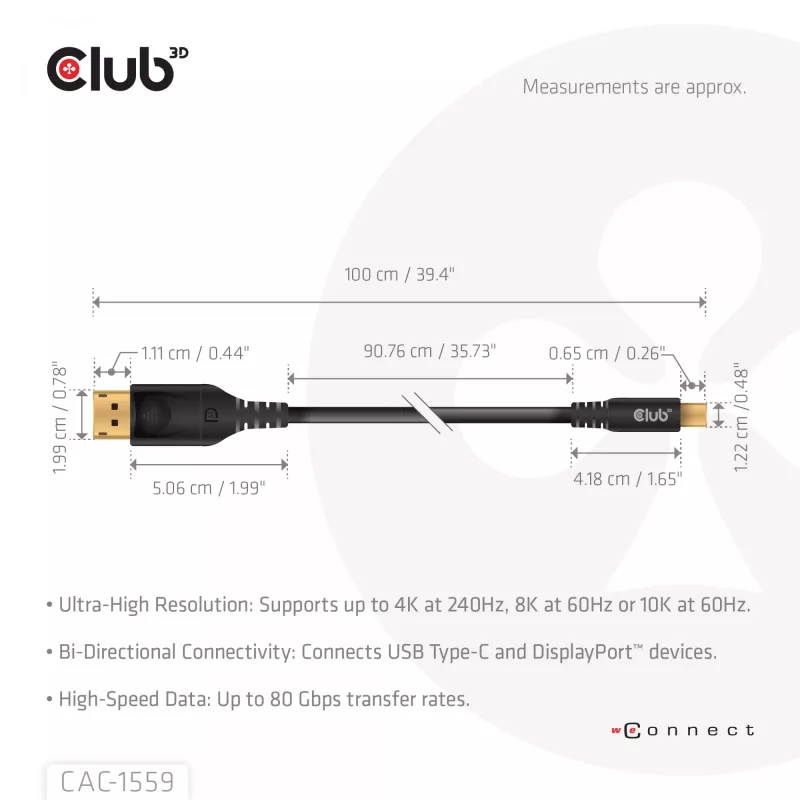 USB Type-C to DisplayPort 2.1 cable, club 3d CAC-1559, bi-directional, VESA DP80 certified, 1 m