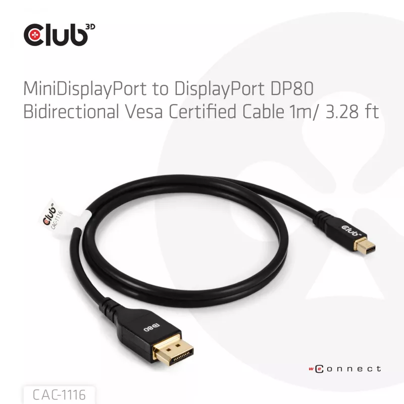 CLUB3D Mini DisplayPort™ to DisplayPort™ Bi-Directional VESA DP80 Certified Cable M/M 1m/3.28ft