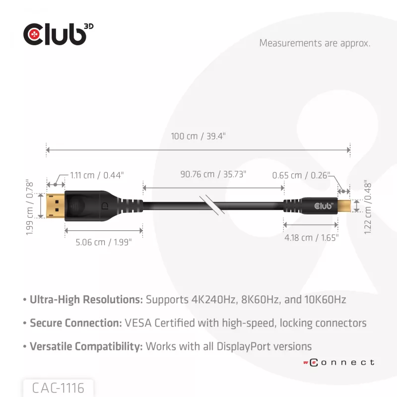 CLUB3D Mini DisplayPort™ to DisplayPort™ Bi-Directional VESA DP80 Certified Cable M/M 1m/3.28ft