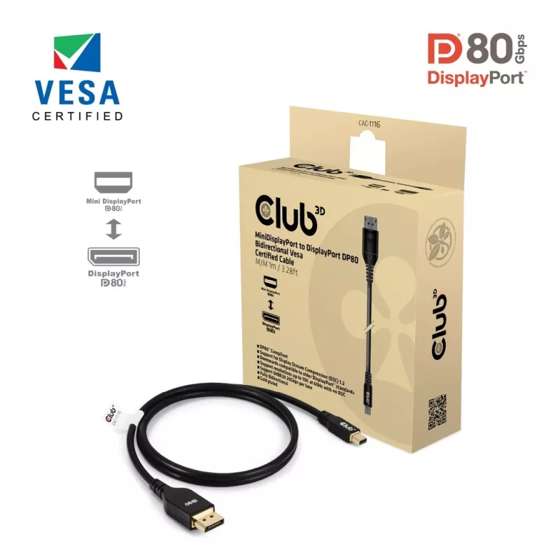 CLUB3D Mini DisplayPort™ to DisplayPort™ Bi-Directional VESA DP80 Certified Cable M/M 1m/3.28ft