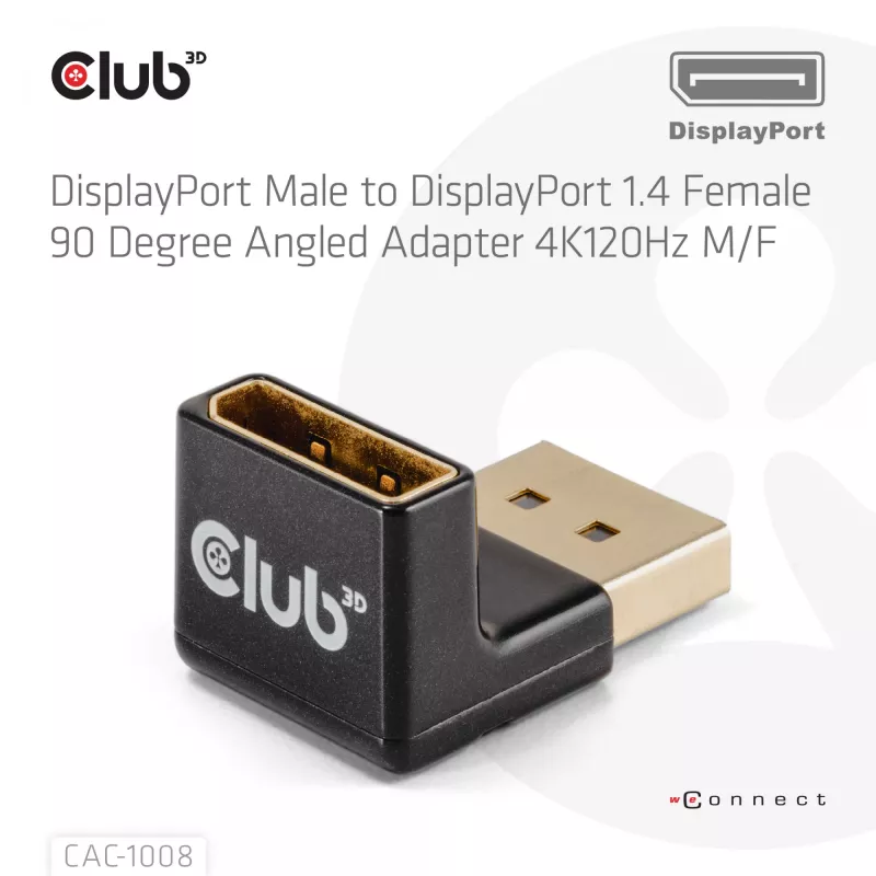 Adapter club 3d DisplayPort male to DisplayPort 1.4 female 90° angled, supports 4K@120Hz